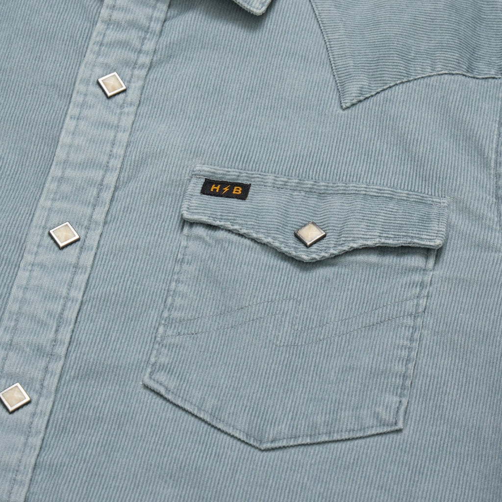 Roper's Clothing solid corduroy snap shirt in Iron Blue, worn on model