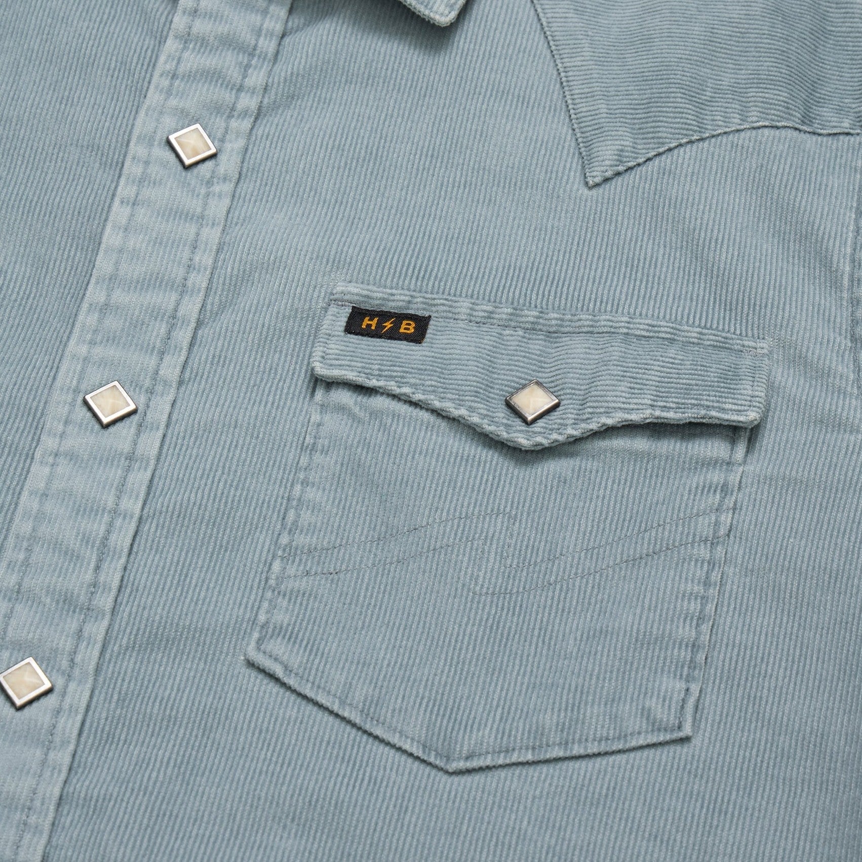 Roper's Clothing solid corduroy snap shirt in Iron Blue, worn on model