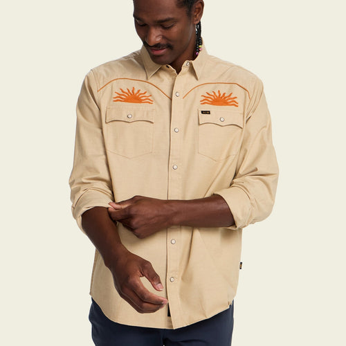 Roper's Clothing print cotton pearl snap shirt in El Sol: Gold, cuff and sleeve detail