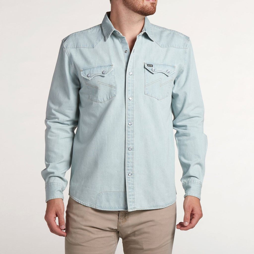 Roper's Clothing solid denim snap shirt in Garth Light Wash, placket and yoke detail