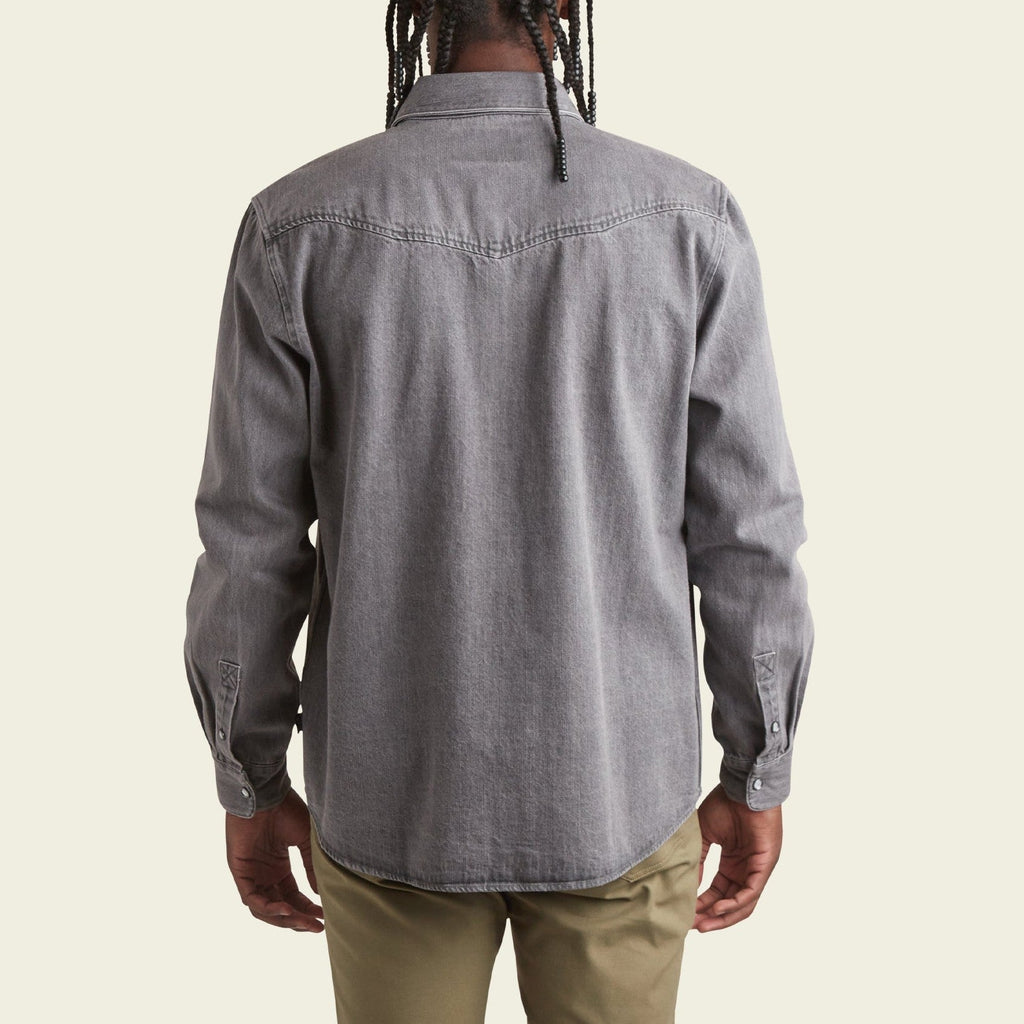 Roper's Clothing solid denim snap shirt in Jovi Grey Wash, fabric close-up