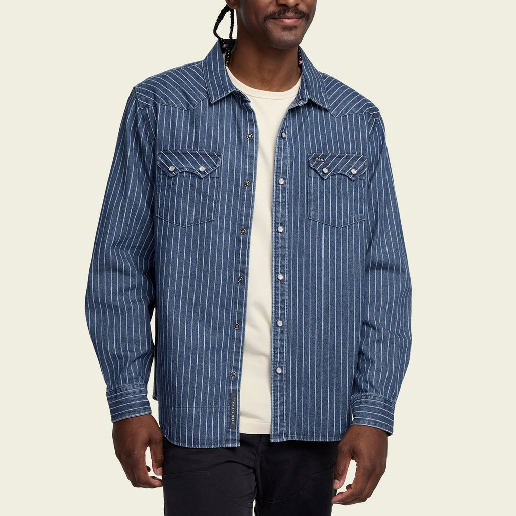 Roper's Clothing stripe denim snap shirt in Merle Stripe, cuff and sleeve detail