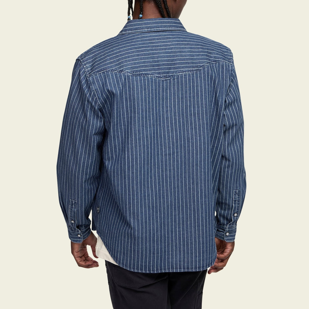 Roper's Clothing stripe denim snap shirt in Merle Stripe, fabric close-up