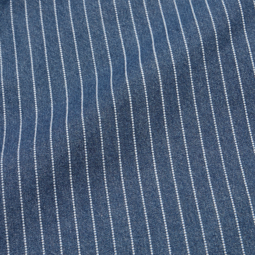 Roper's Clothing stripe denim snap shirt in Merle Stripe, chest pocket detail