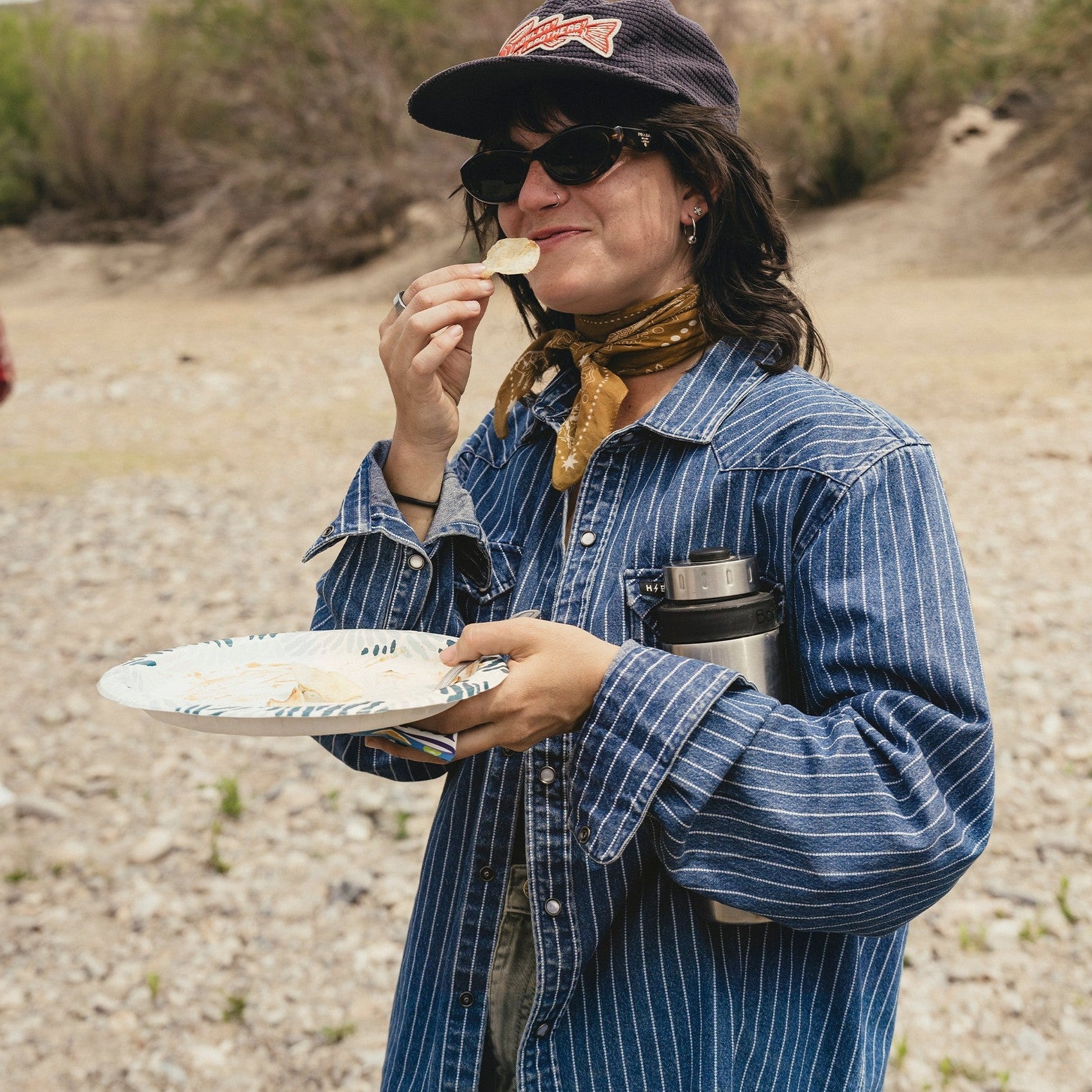 Roper's Clothing stripe denim snap shirt in Merle Stripe, front view