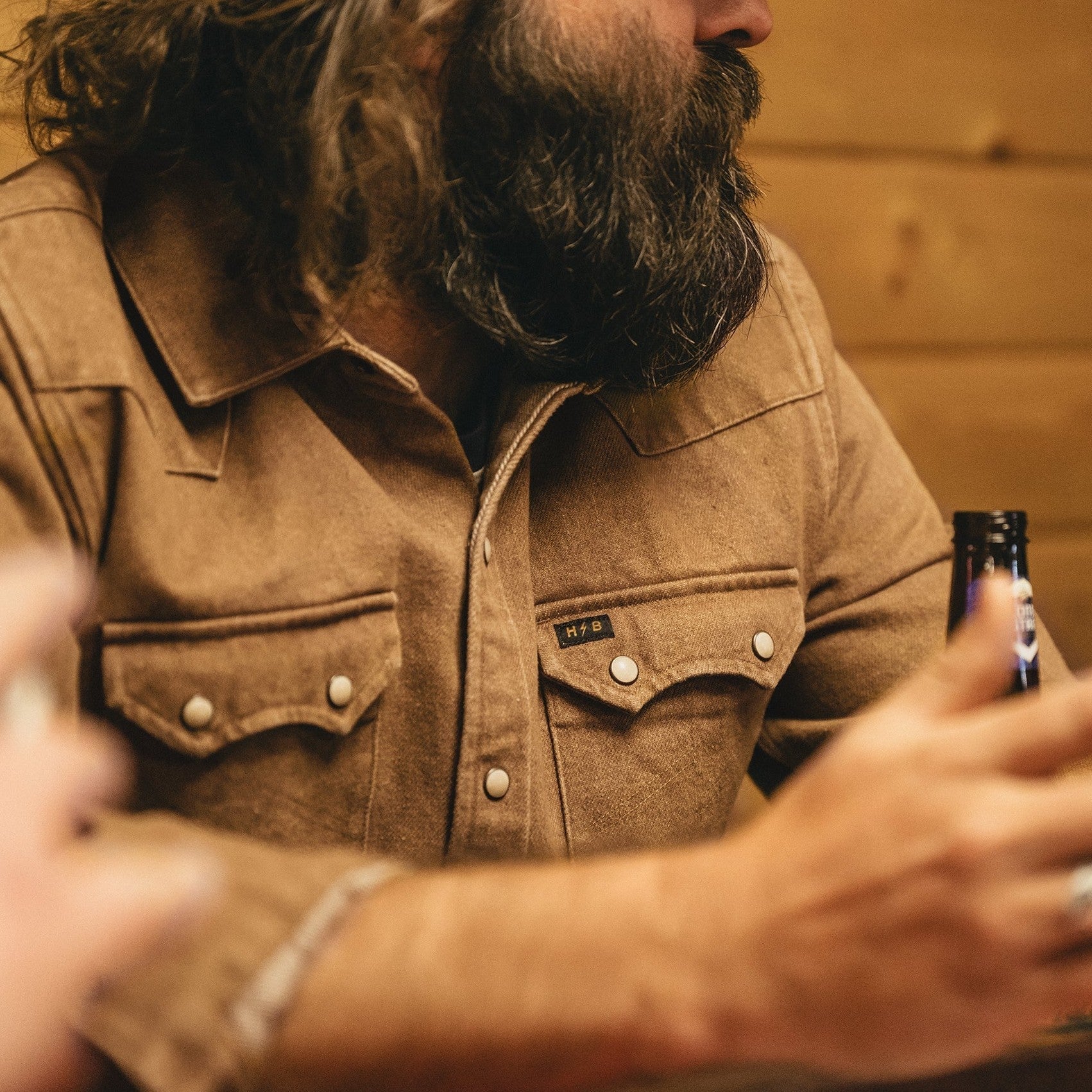 Roper's Clothing solid denim snap shirt in Owens Oaker Wash, back view