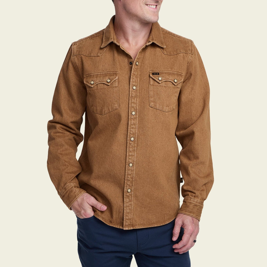 Roper's Clothing solid denim snap shirt in Owens Oaker Wash, cuff and sleeve detail