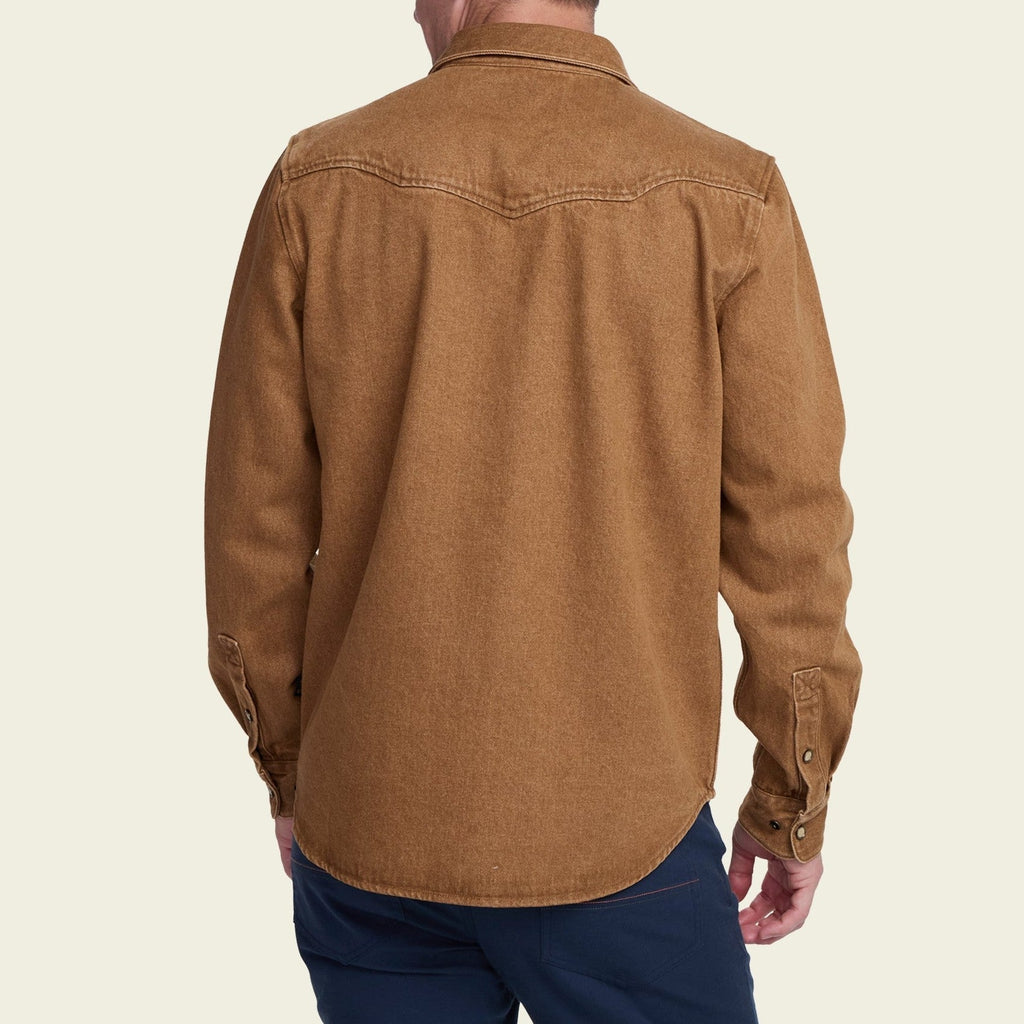 Roper's Clothing solid denim snap shirt in Owens Oaker Wash, fabric close-up