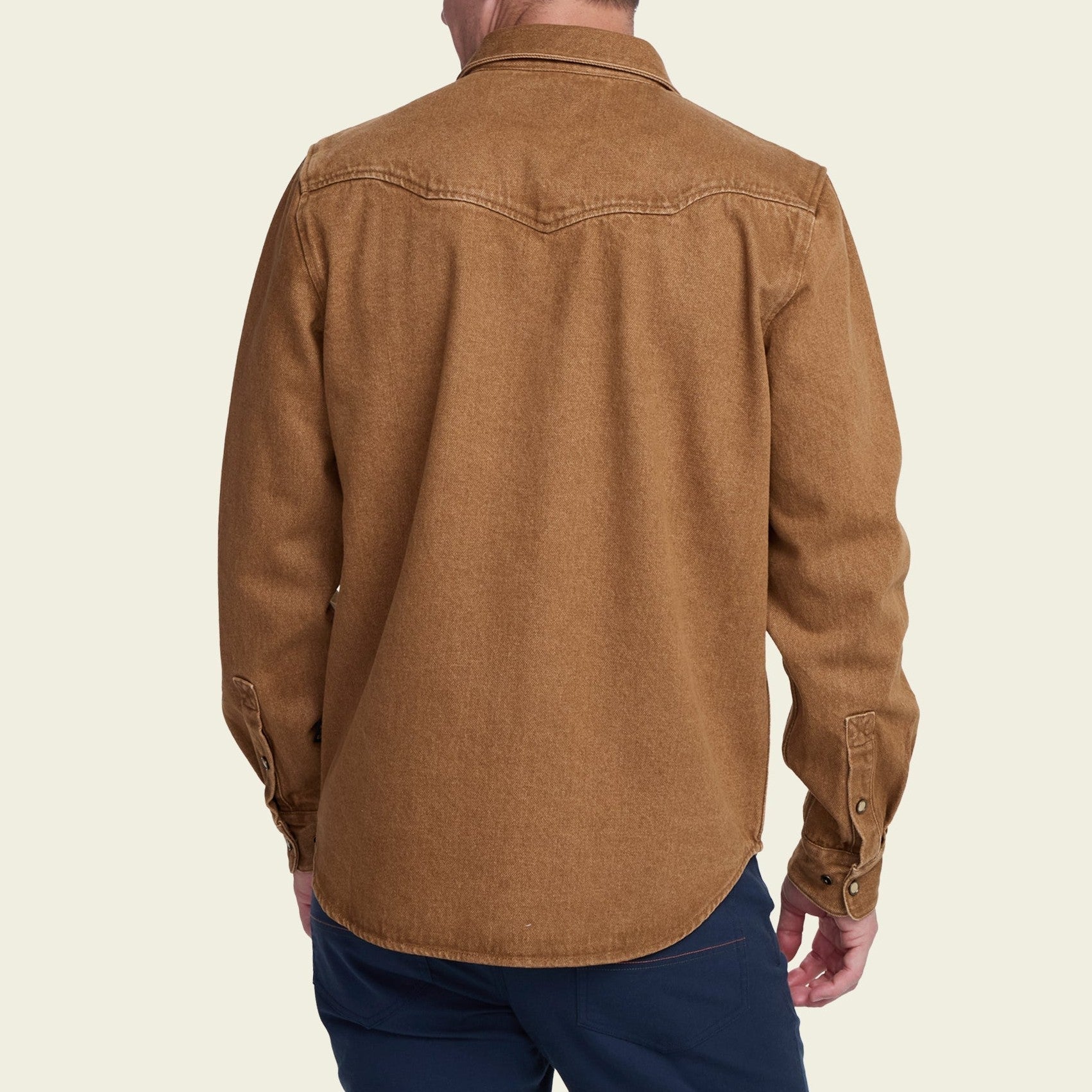 Roper's Clothing solid denim snap shirt in Owens Oaker Wash, fabric close-up