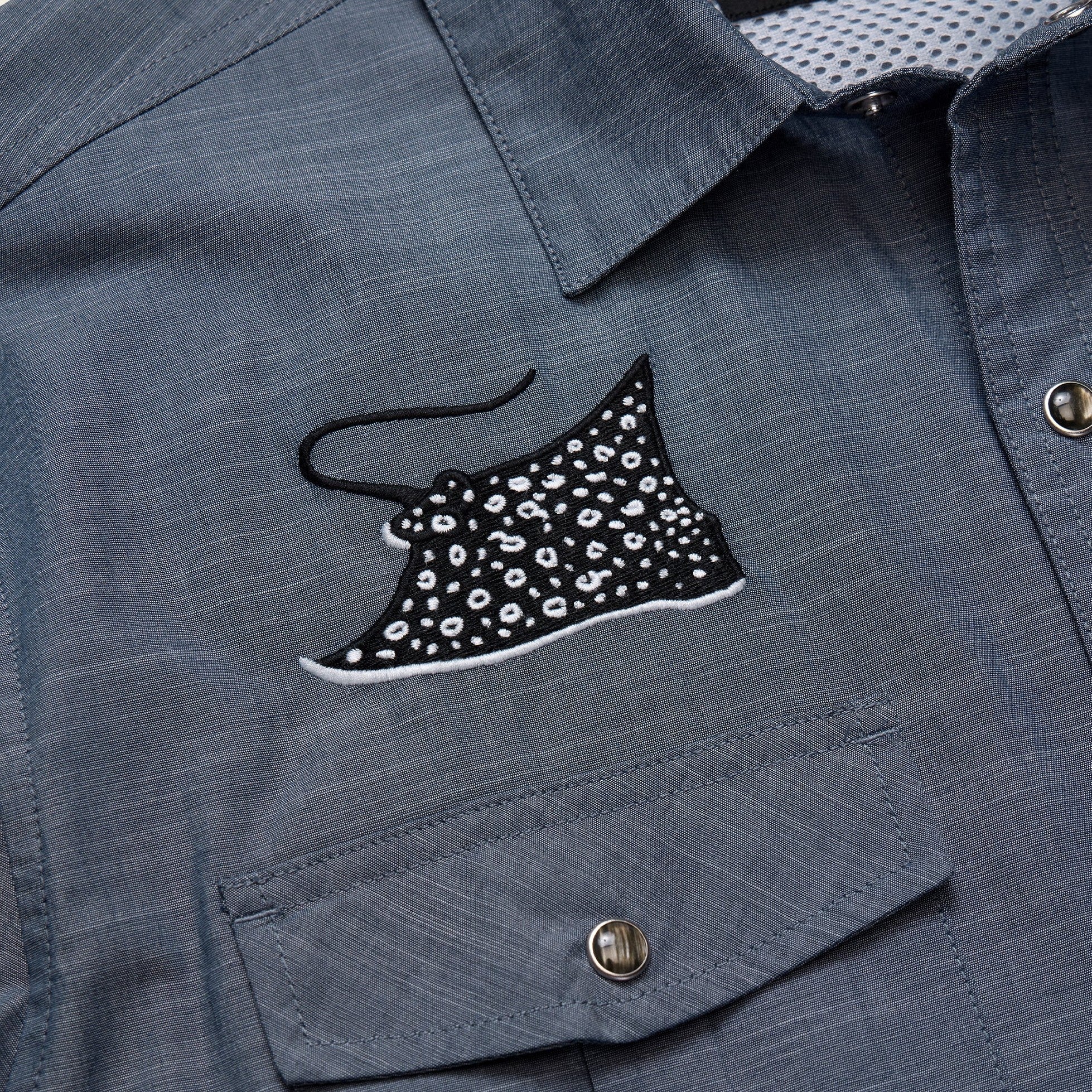 Roper's Clothing print performance knit western snap shirt in Patrolling Rays, fabric close-up