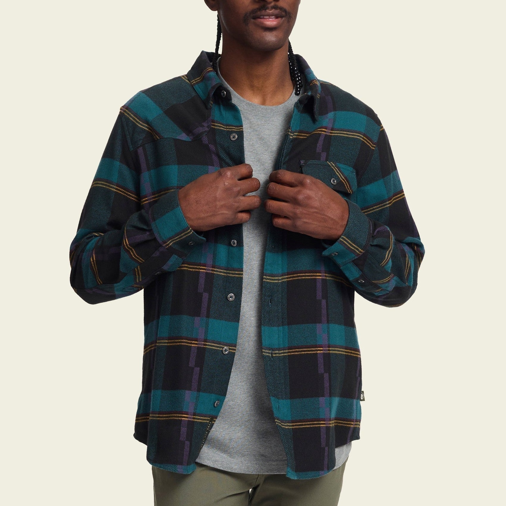 Roper's Clothing plaid flannel shirt in Backdrop Plaid: Phantom Blue, cuff and sleeve detail