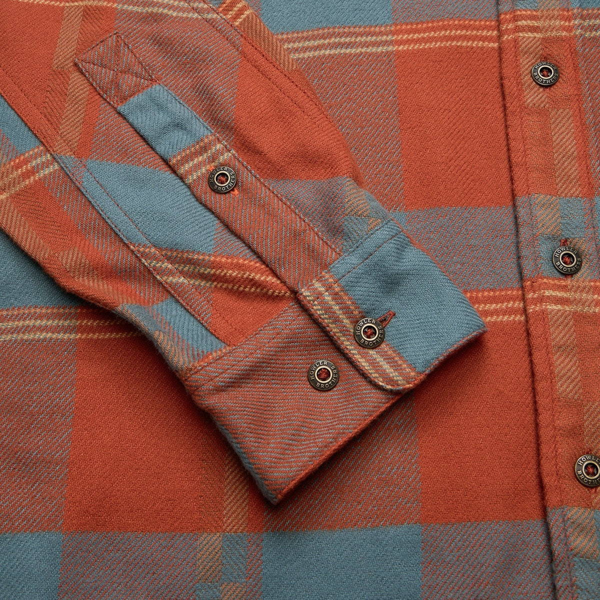 plaid flannel shirt in Backdrop Plaid: Terracotta, worn on model