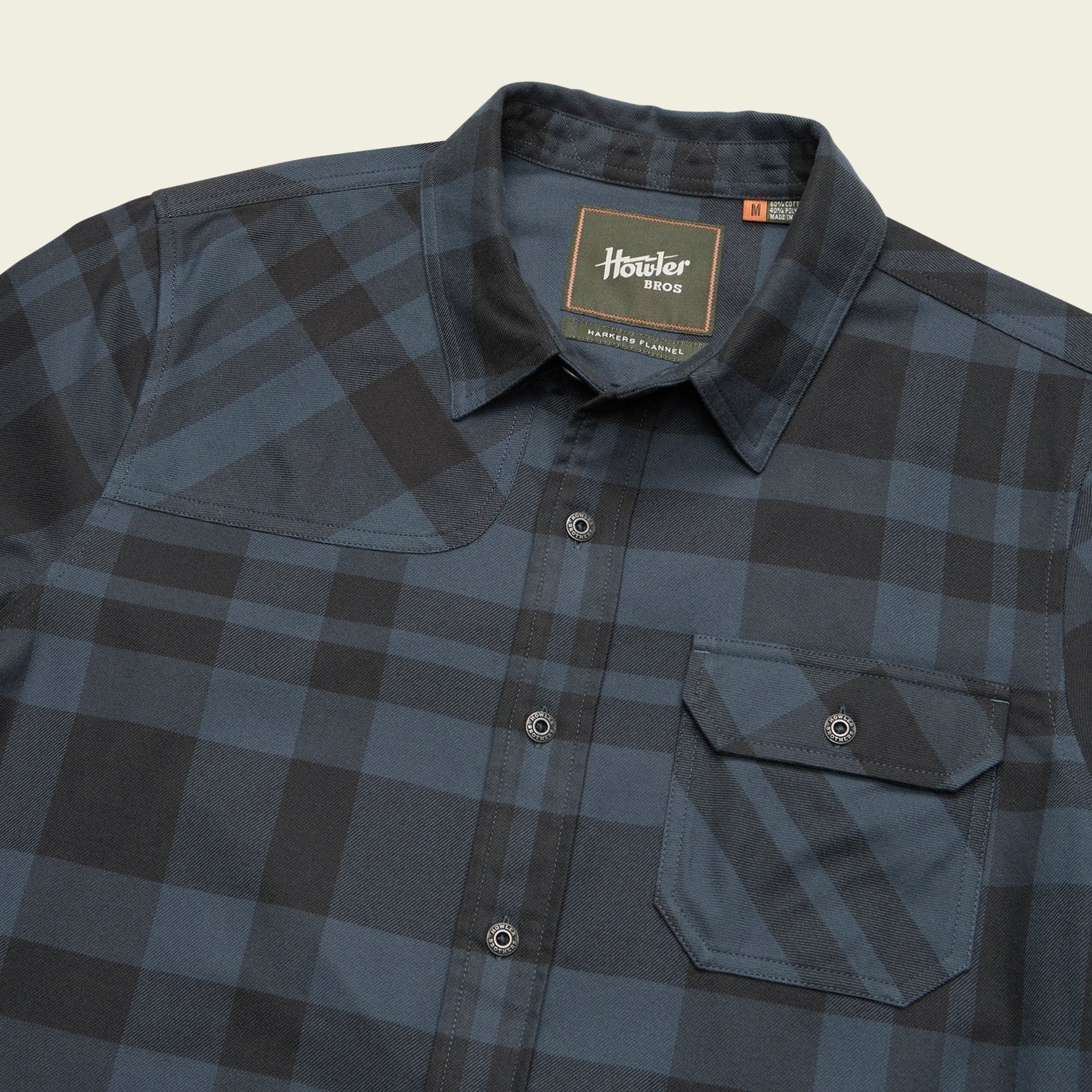 Roper's Clothing plaid flannel shirt in Mega Plaid: Petrol, placket and yoke detail