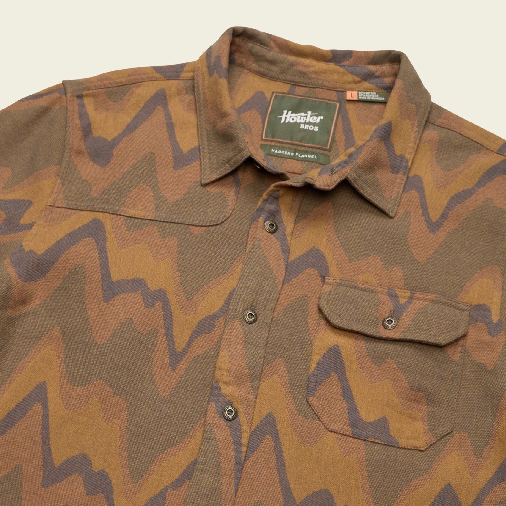 Roper's Clothing print flannel shirt in Sediment Jacquard: Camel, placket and yoke detail