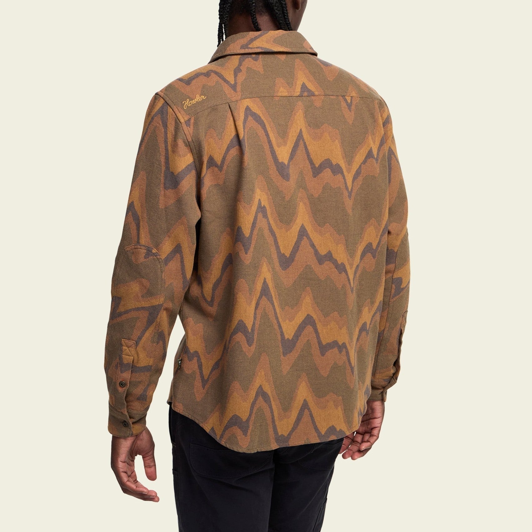 Roper's Clothing print flannel shirt in Sediment Jacquard: Camel, fabric close-up