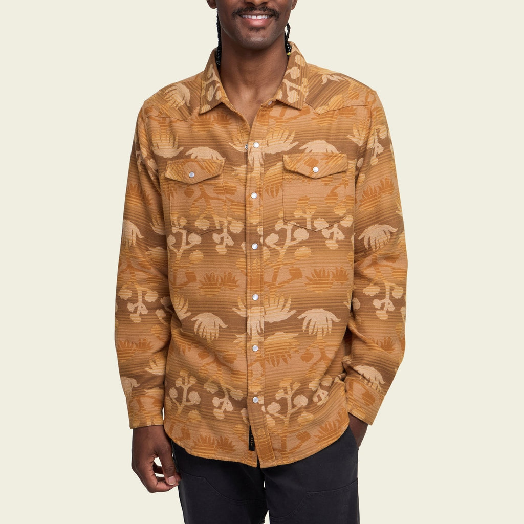 Roper's Clothing floral flannel shirt in Maguey Mirage: Camel, cuff and sleeve detail