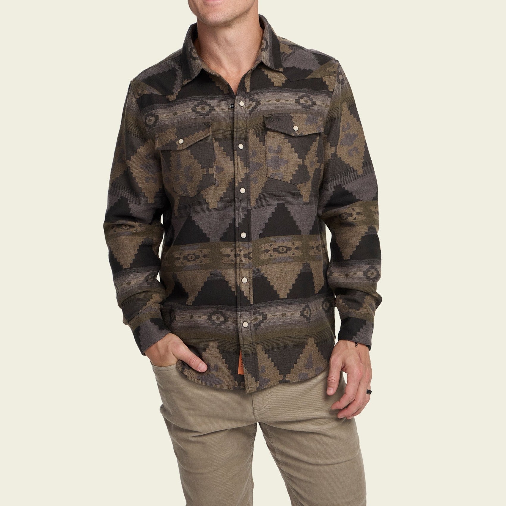 Roper's Clothing print flannel shirt in Mitla Motifs: Dusk, cuff and sleeve detail