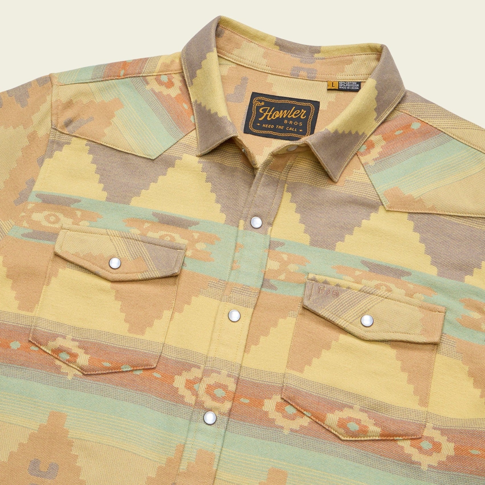 Roper's Clothing print flannel shirt in Mitla Motifs: Old Gold, placket and yoke detail