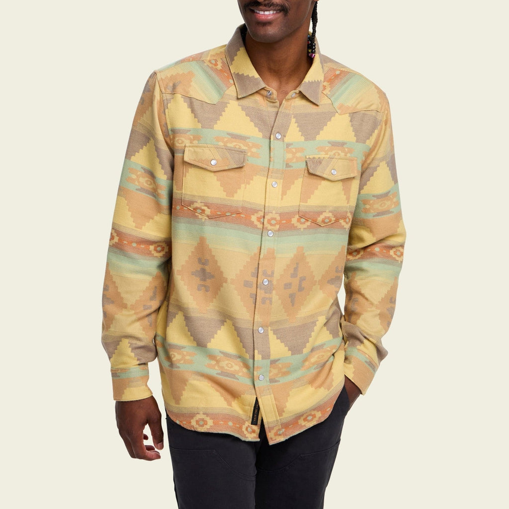 Roper's Clothing print flannel shirt in Mitla Motifs: Old Gold, cuff and sleeve detail