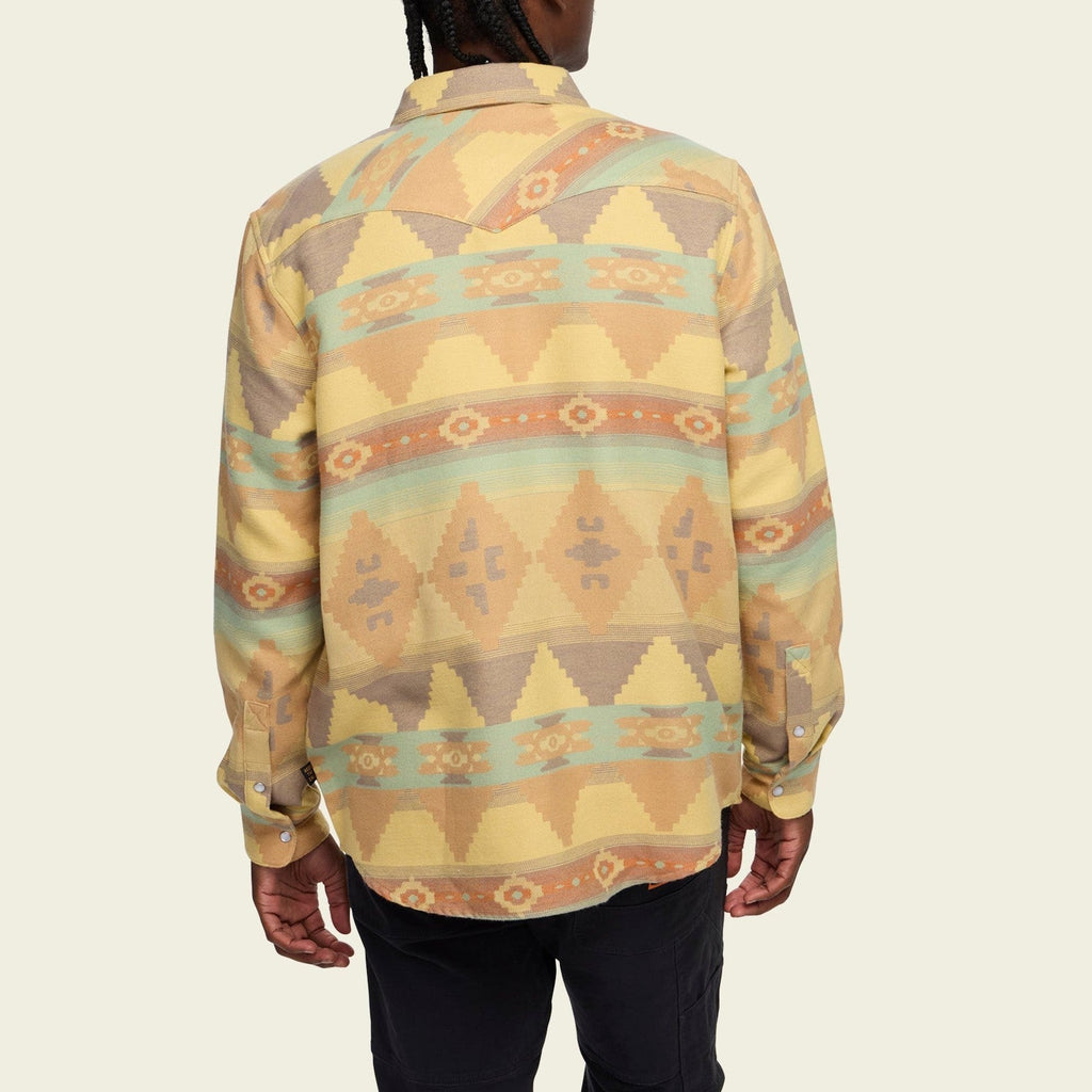 Roper's Clothing print flannel shirt in Mitla Motifs: Old Gold, fabric close-up