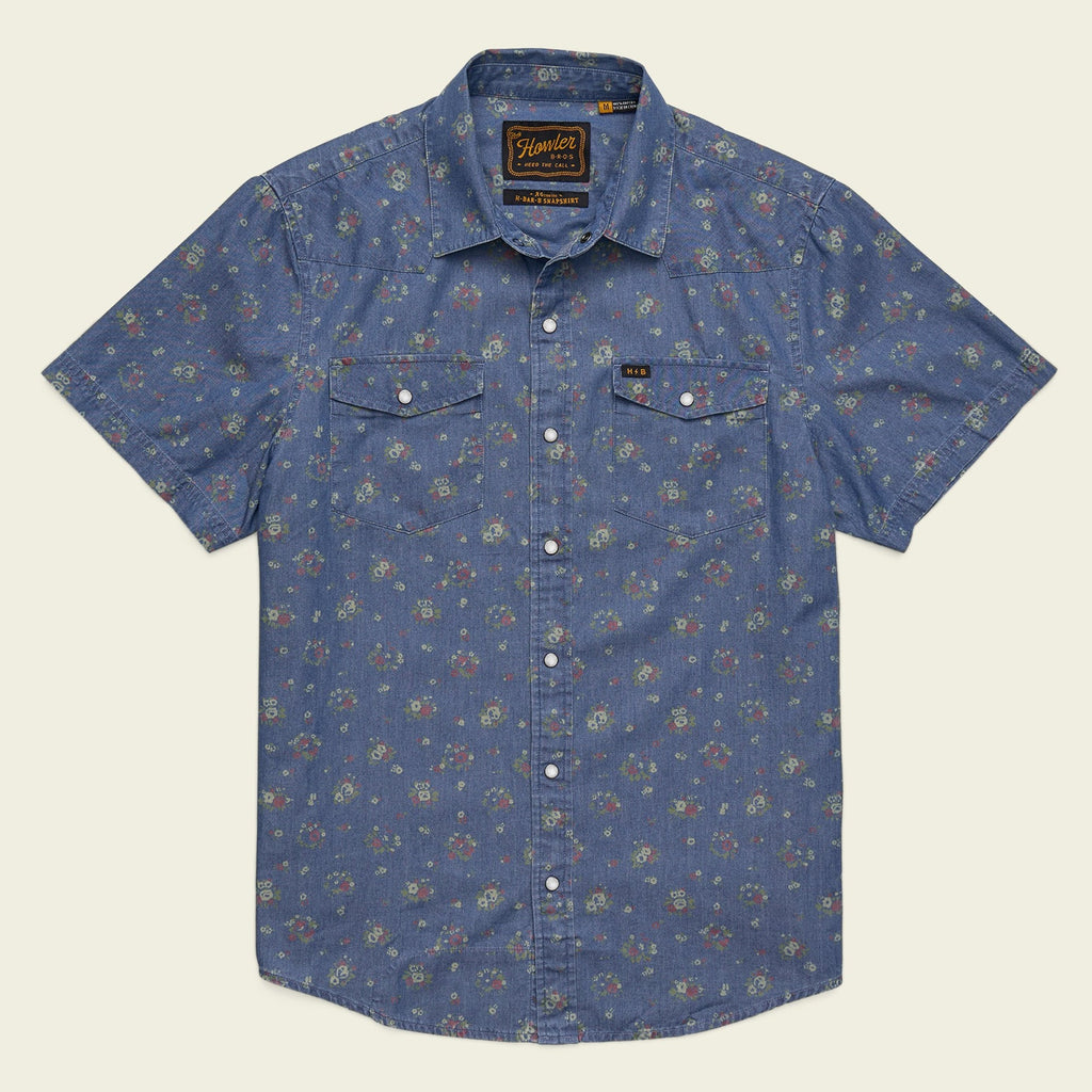 Roper's Clothing floral cotton pearl snap shirt in Bouquets: Washed Indigo, front view