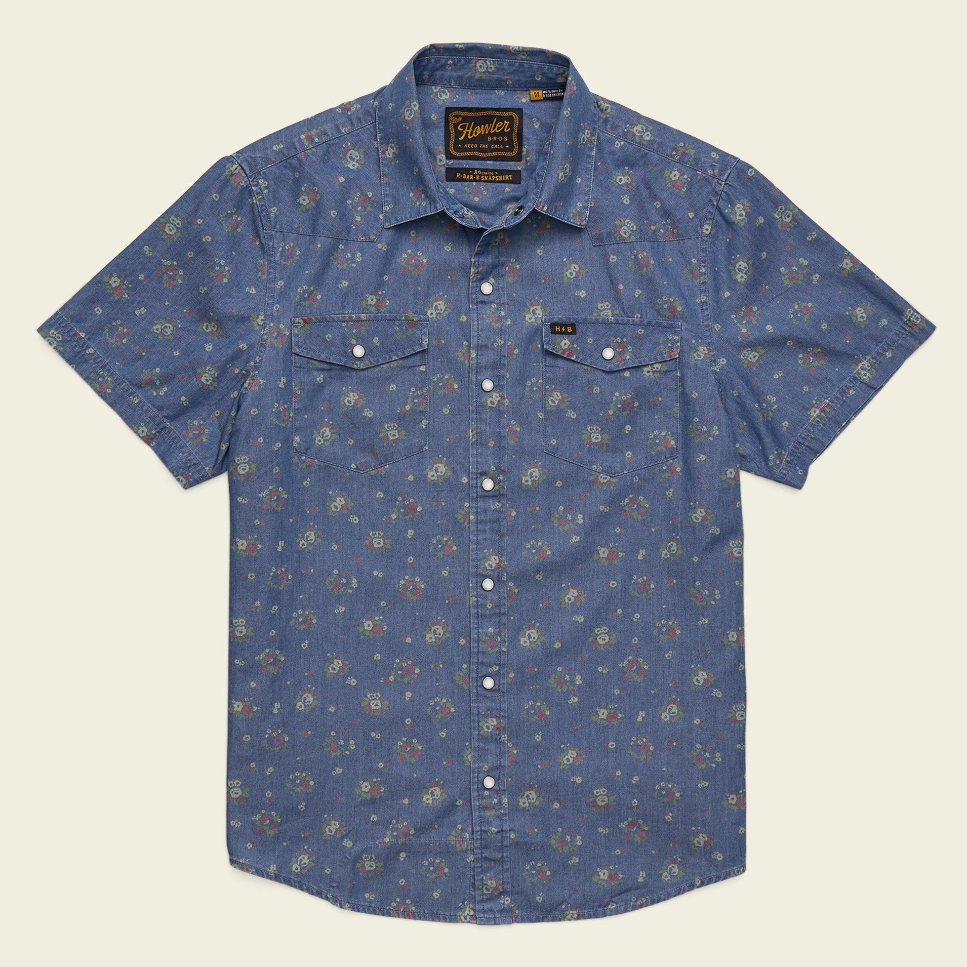Roper's Clothing floral cotton pearl snap shirt in Bouquets: Washed Indigo, front view