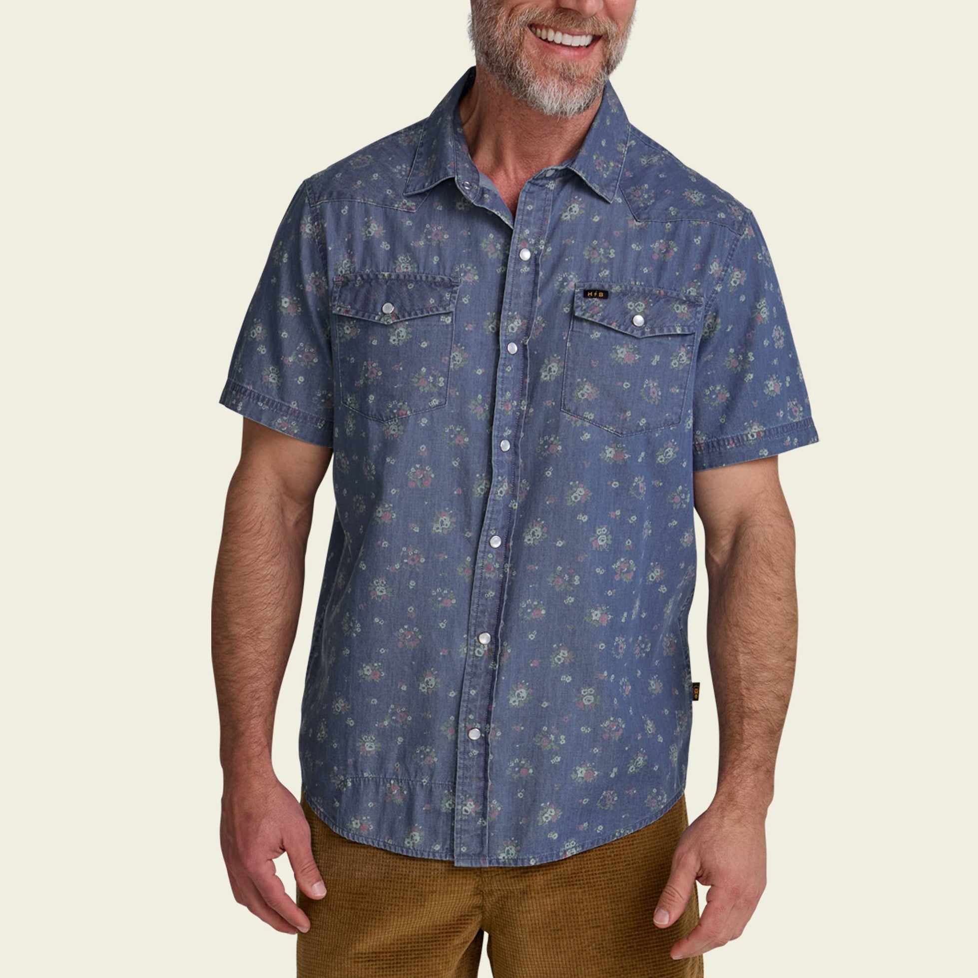 Roper's Clothing floral cotton pearl snap shirt in Bouquets: Washed Indigo, fabric close-up