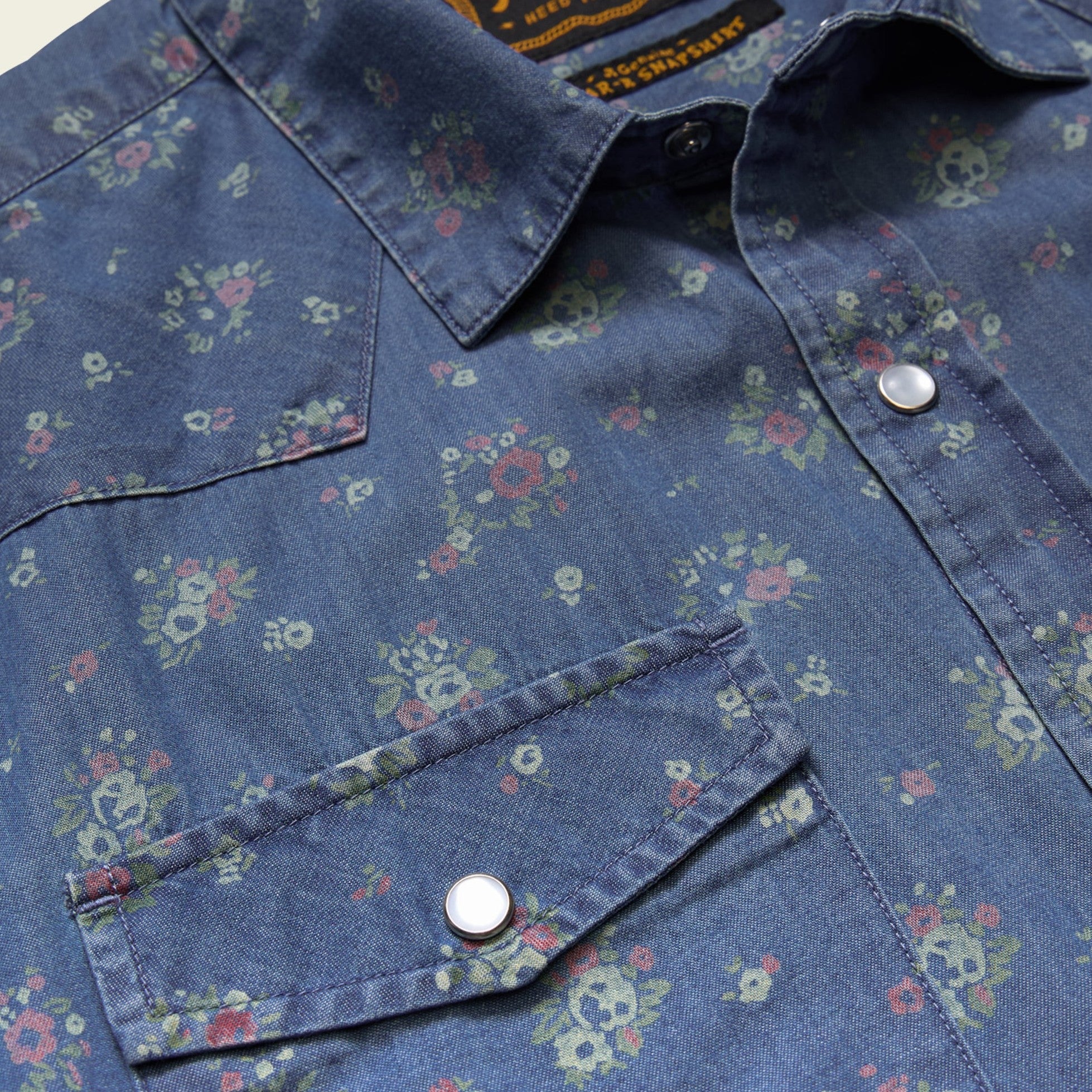 Roper's Clothing floral cotton pearl snap shirt in Bouquets: Washed Indigo, worn on model