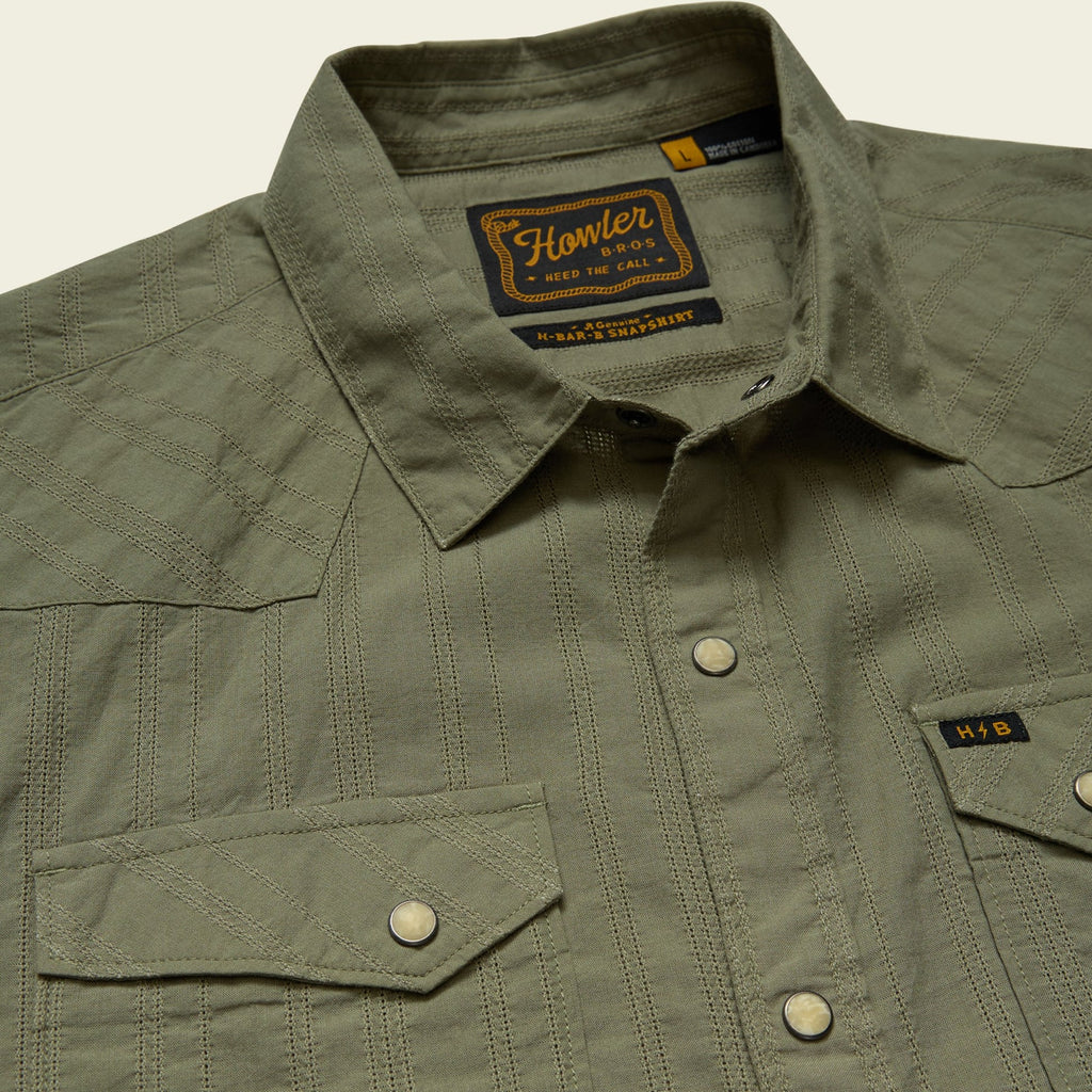 Roper's Clothing stripe cotton pearl snap shirt in Eyelet Stripe: Cadet, worn on model