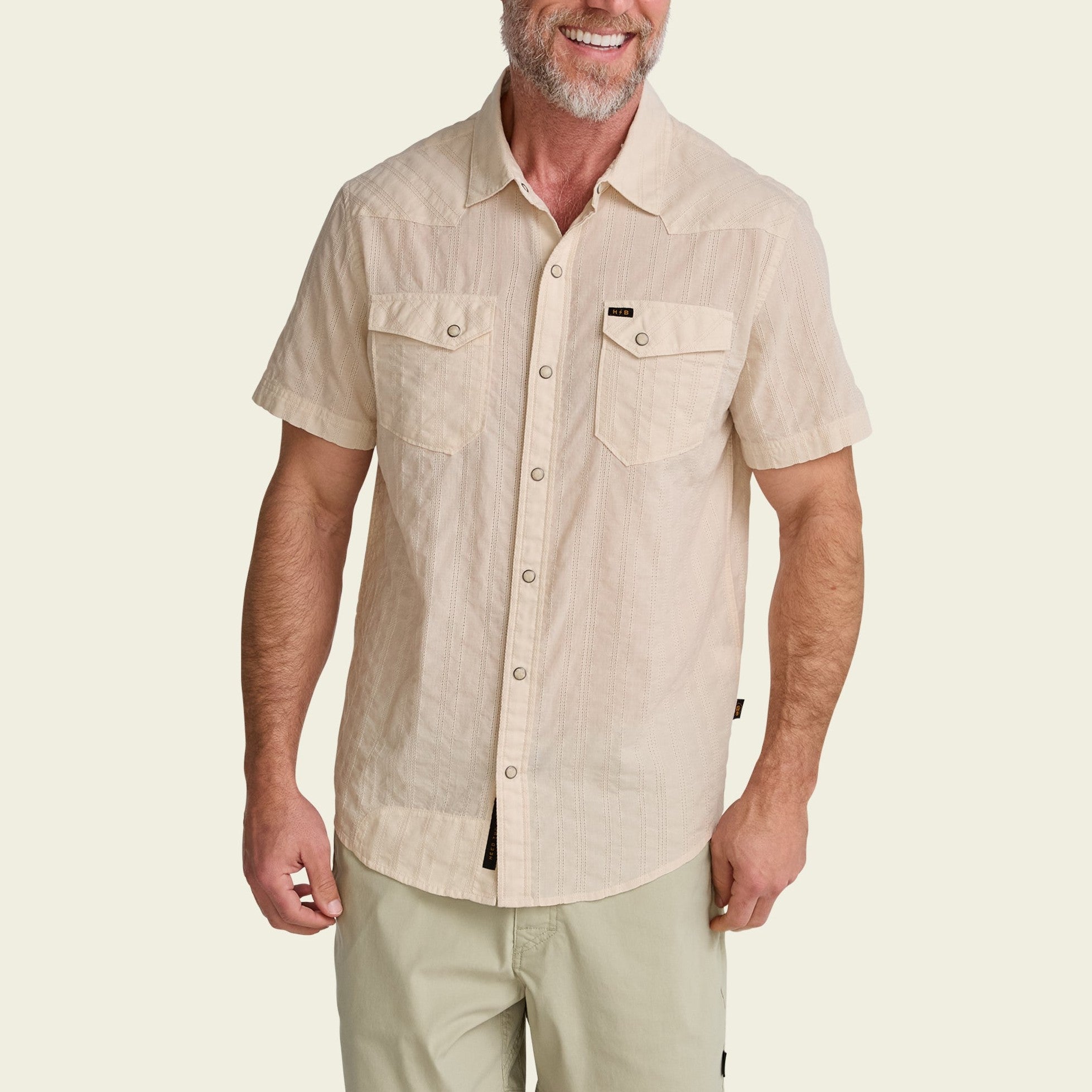 Roper's Clothing stripe cotton pearl snap shirt in Eyelet Stripe: Off White, fabric close-up