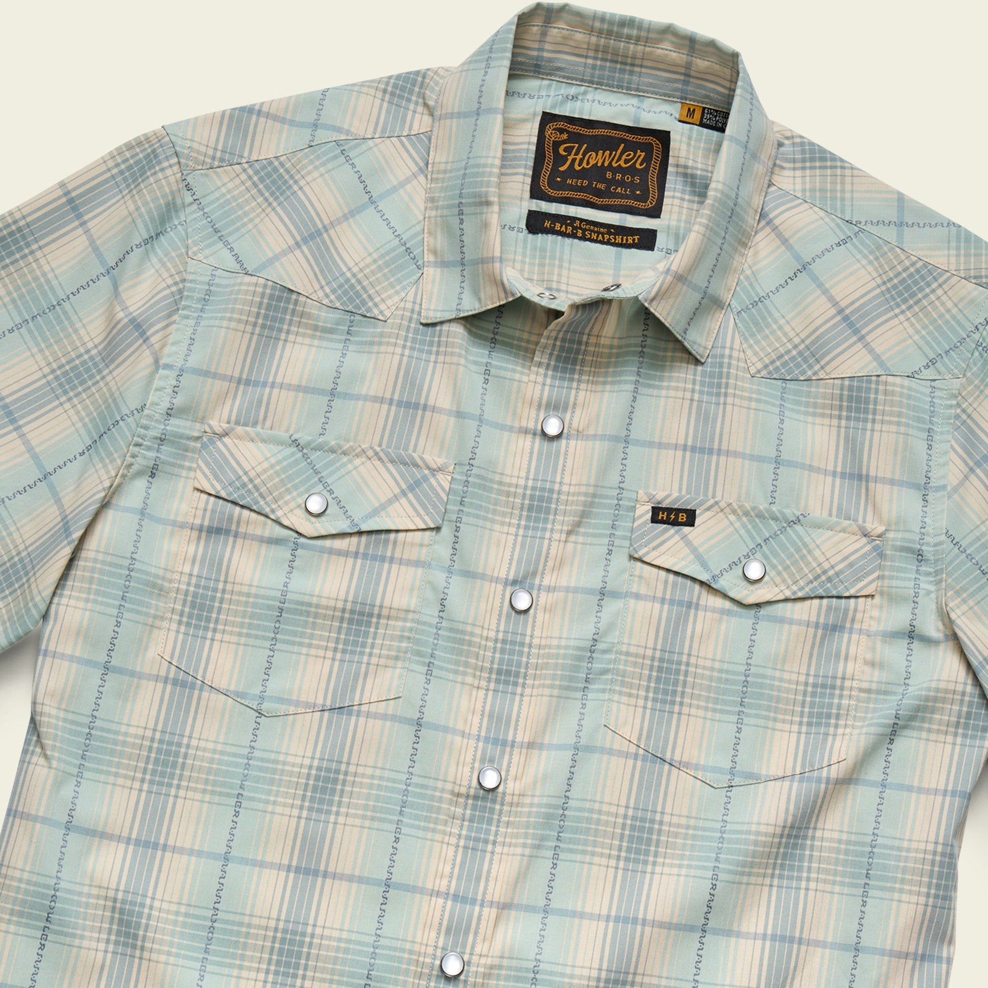 Roper's Clothing plaid cotton pearl snap shirt in Prairie Plaid: Seafoam, placket and yoke detail