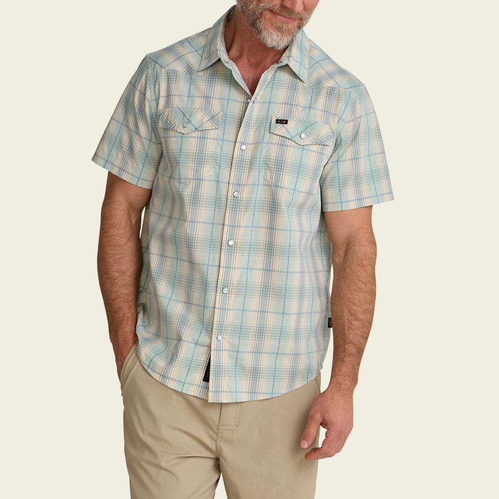 Roper's Clothing plaid cotton pearl snap shirt in Prairie Plaid: Seafoam, cuff and sleeve detail