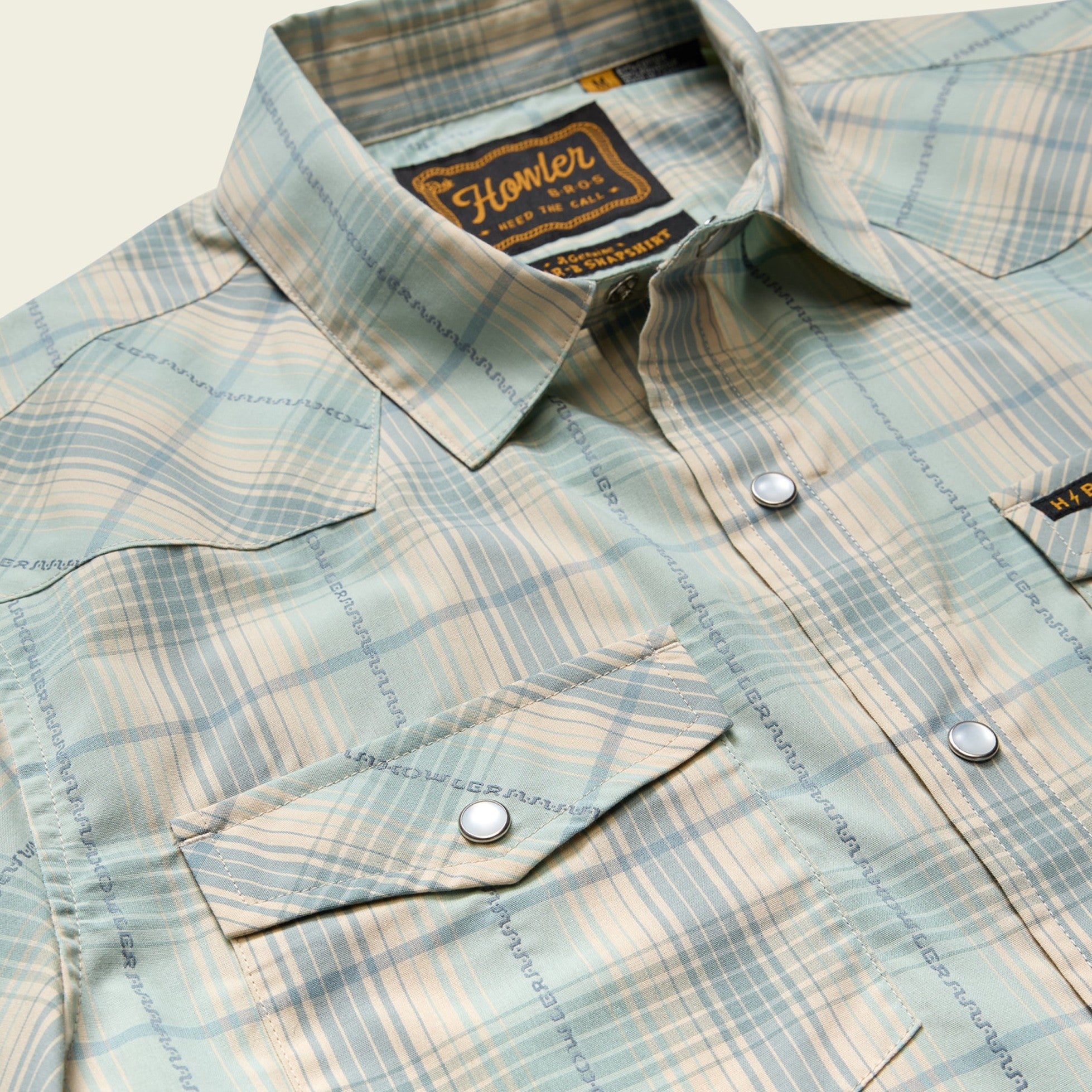 Roper's Clothing plaid cotton pearl snap shirt in Prairie Plaid: Seafoam, fabric close-up