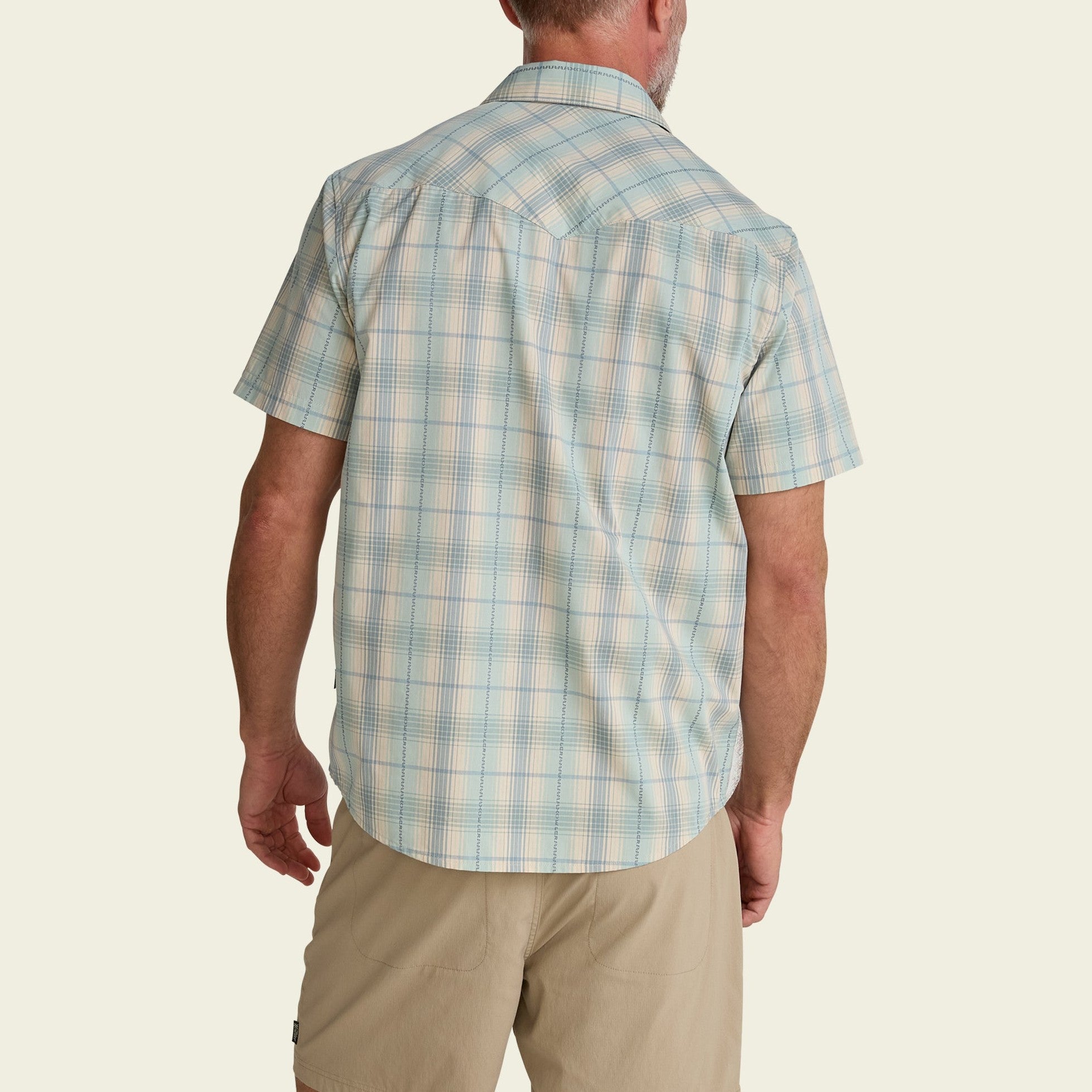 Roper's Clothing plaid cotton pearl snap shirt in Prairie Plaid: Seafoam, worn on model