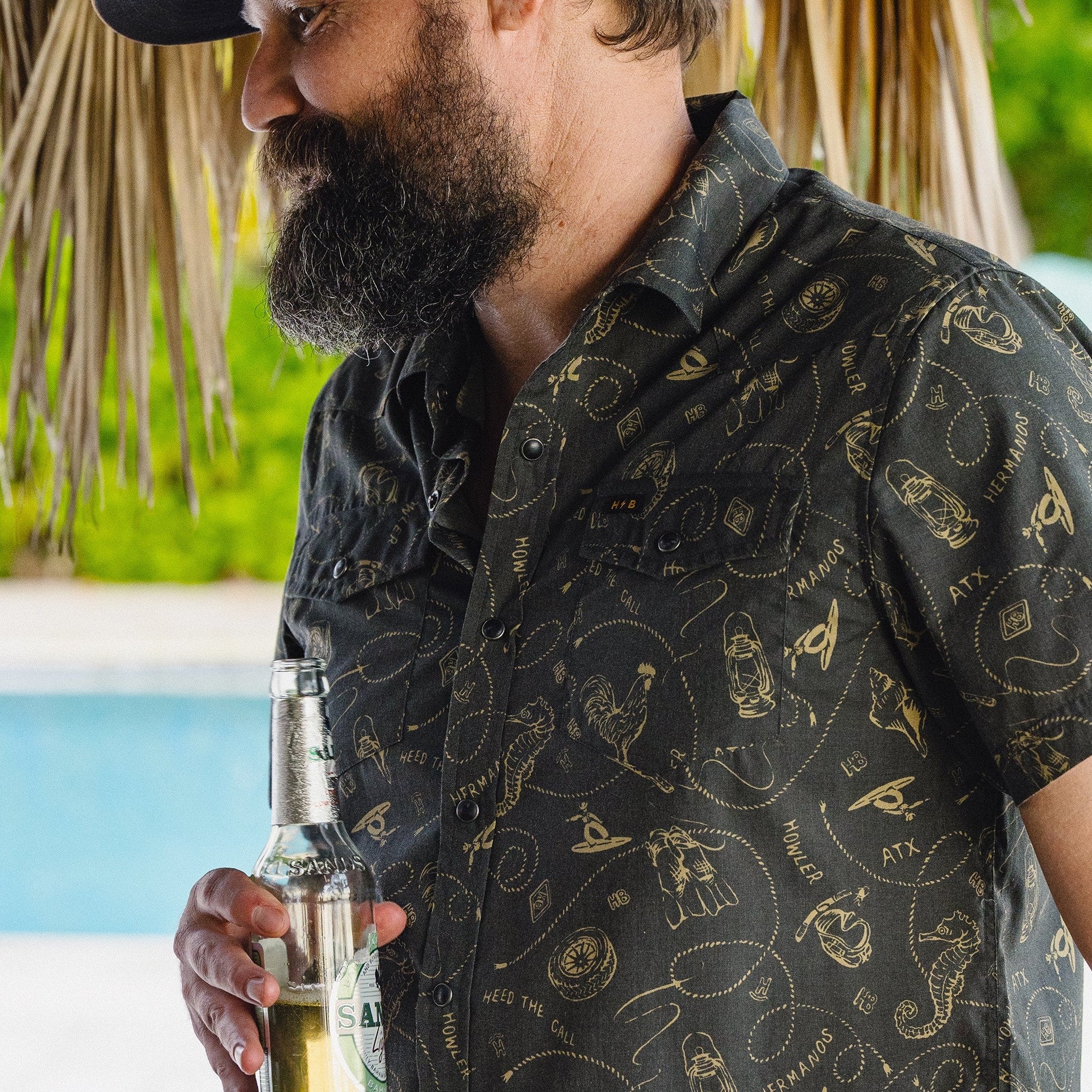 Roper's Clothing print cotton pearl snap shirt in Sea Rodeo: Antique Black, back view