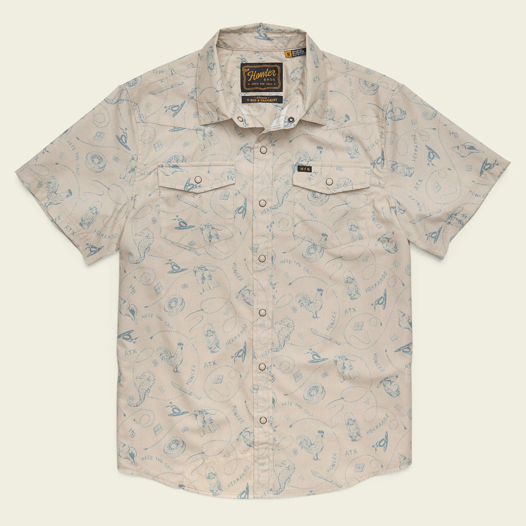Roper's Clothing print cotton pearl snap shirt in Sea Rodeo: Sand, front view