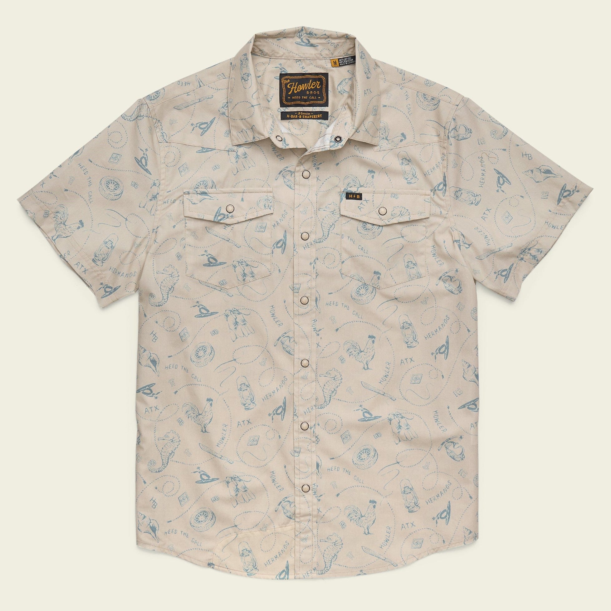 Roper's Clothing print cotton pearl snap shirt in Sea Rodeo: Sand, front view