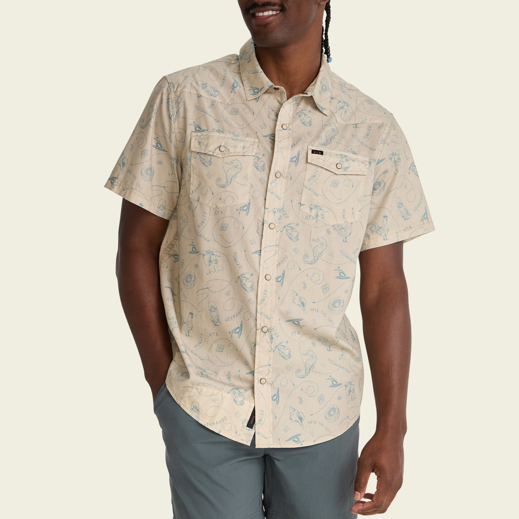 Roper's Clothing print cotton pearl snap shirt in Sea Rodeo: Sand, cuff and sleeve detail