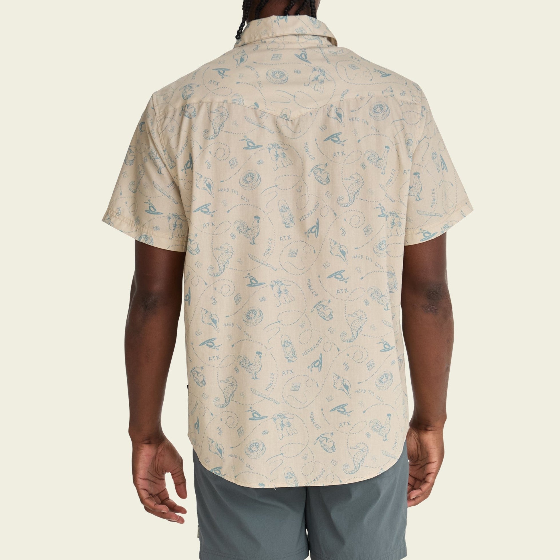 Roper's Clothing print cotton pearl snap shirt in Sea Rodeo: Sand, worn on model