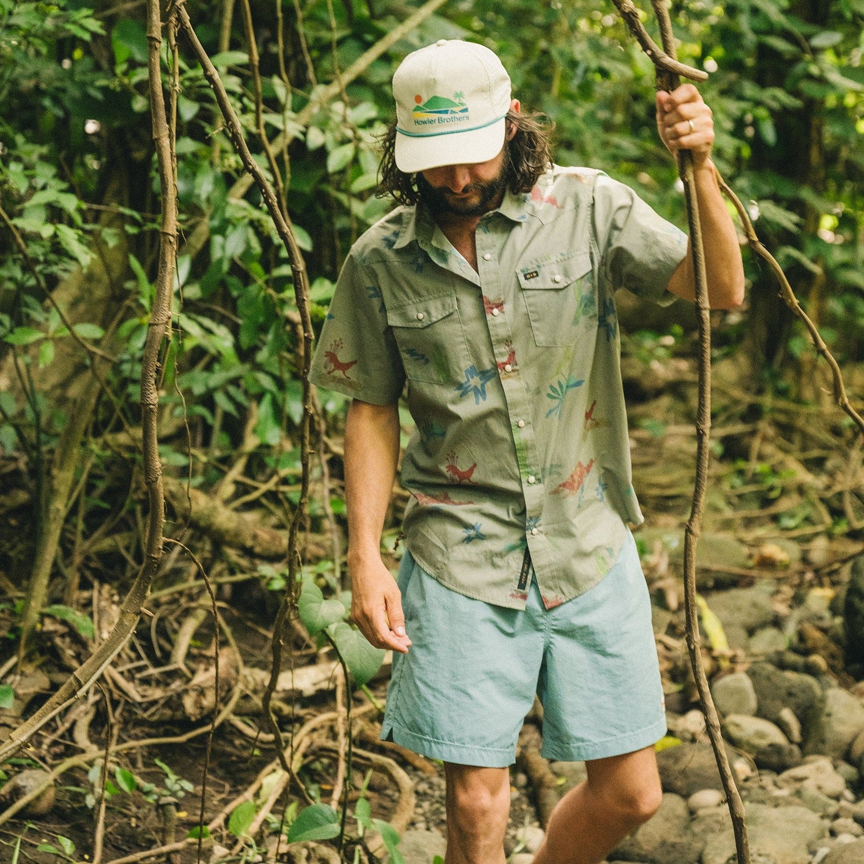 Roper's Clothing print cotton pearl snap shirt in Vision Quest: Olive, back view
