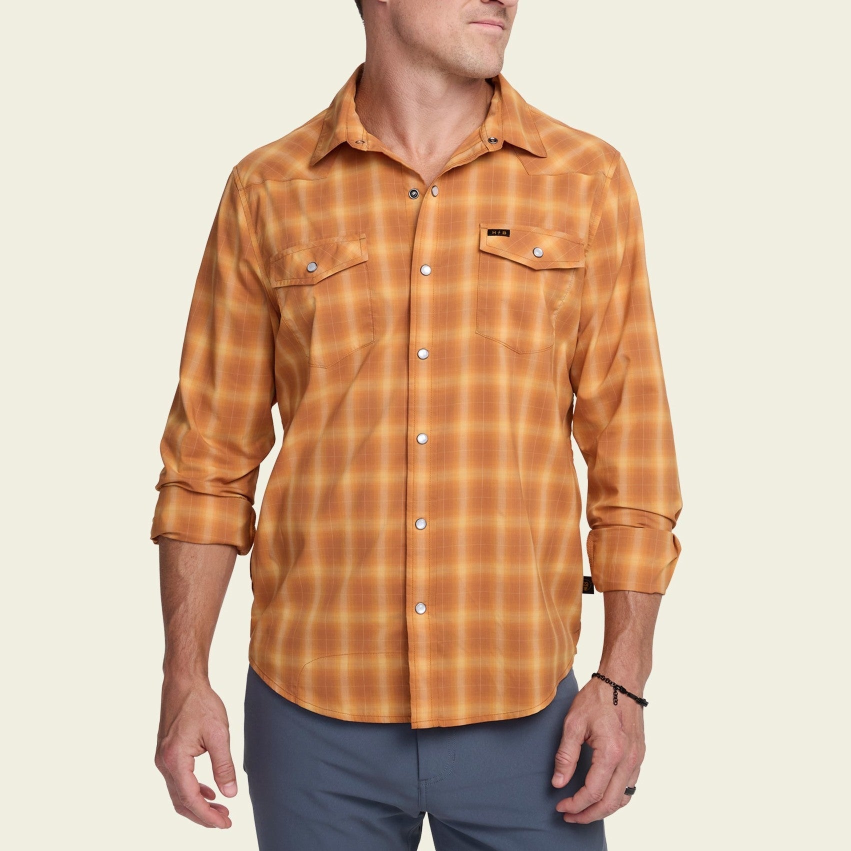 Roper's Clothing plaid performance snap shirt in Kent Plaid: Foliage, cuff and sleeve detail