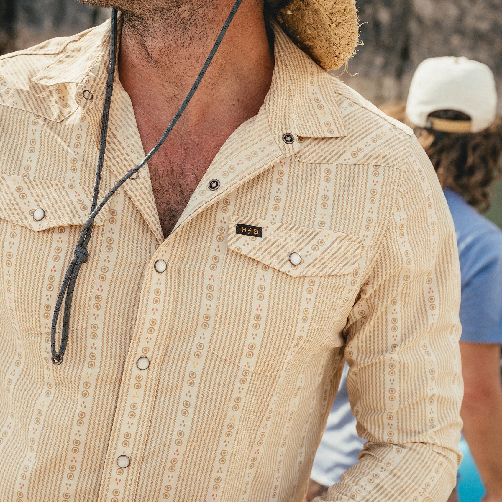 Roper's Clothing stripe performance snap shirt in Mosquero Stripe: Brown Rice, back view