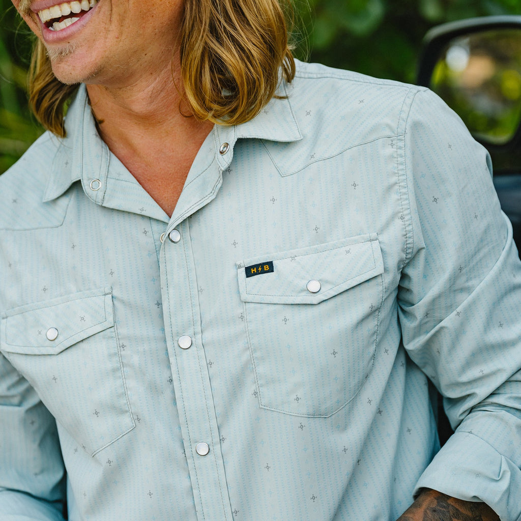 Roper's Clothing stripe performance snap shirt in Supernova Stripe: Ash Blue, back view