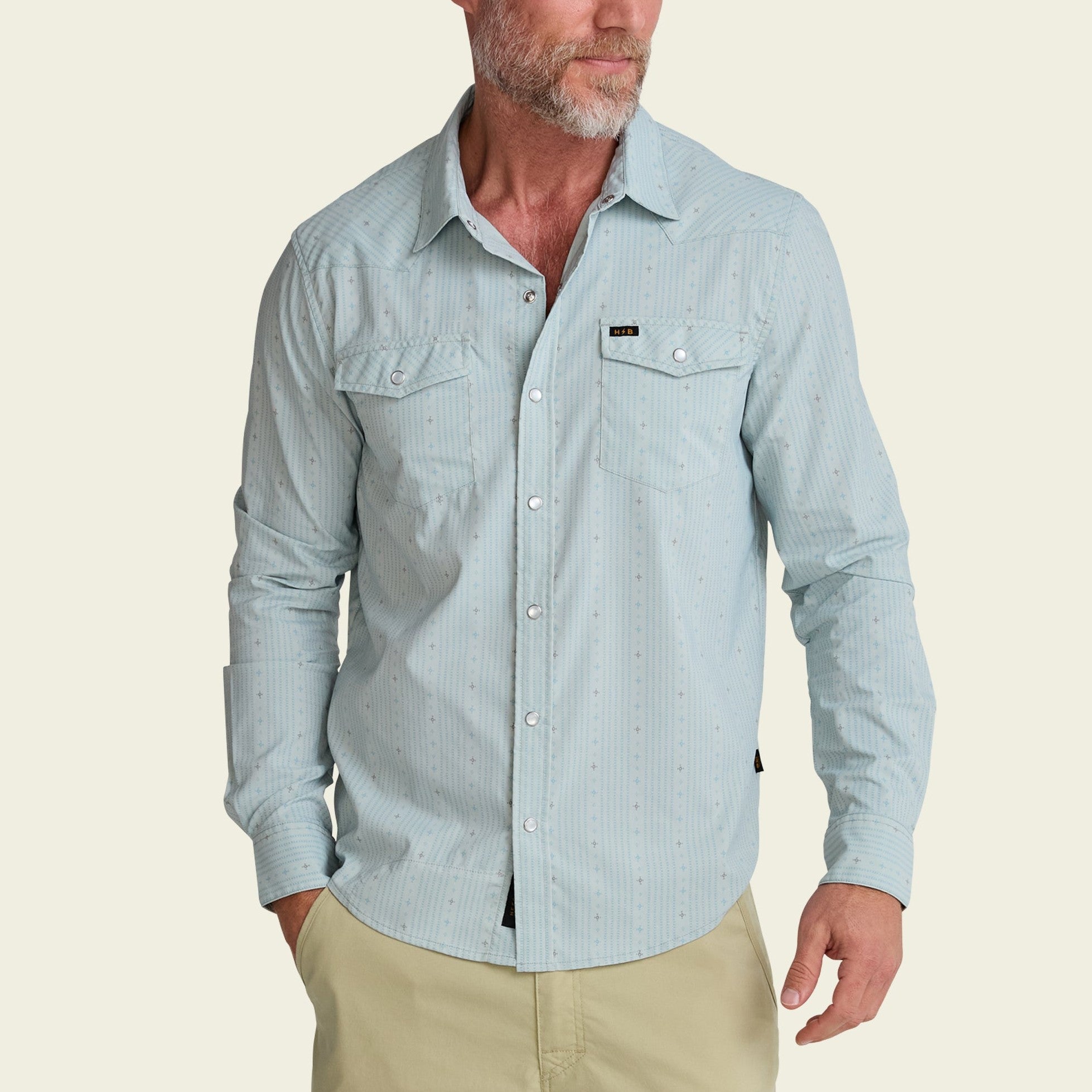 Roper's Clothing stripe performance snap shirt in Supernova Stripe: Ash Blue, cuff and sleeve detail