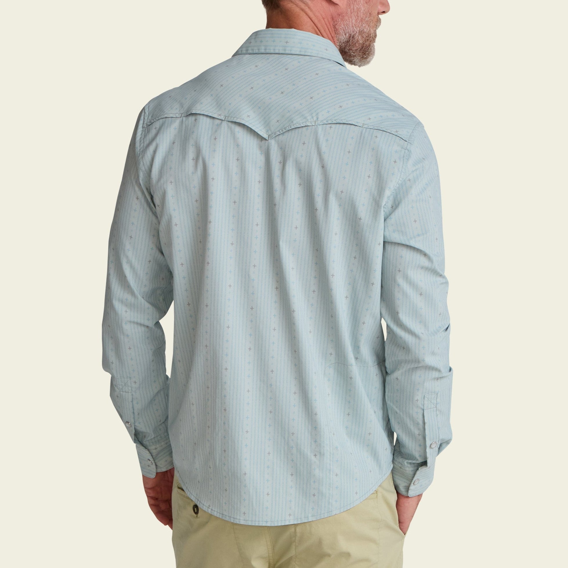 Roper's Clothing stripe performance snap shirt in Supernova Stripe: Ash Blue, worn on model