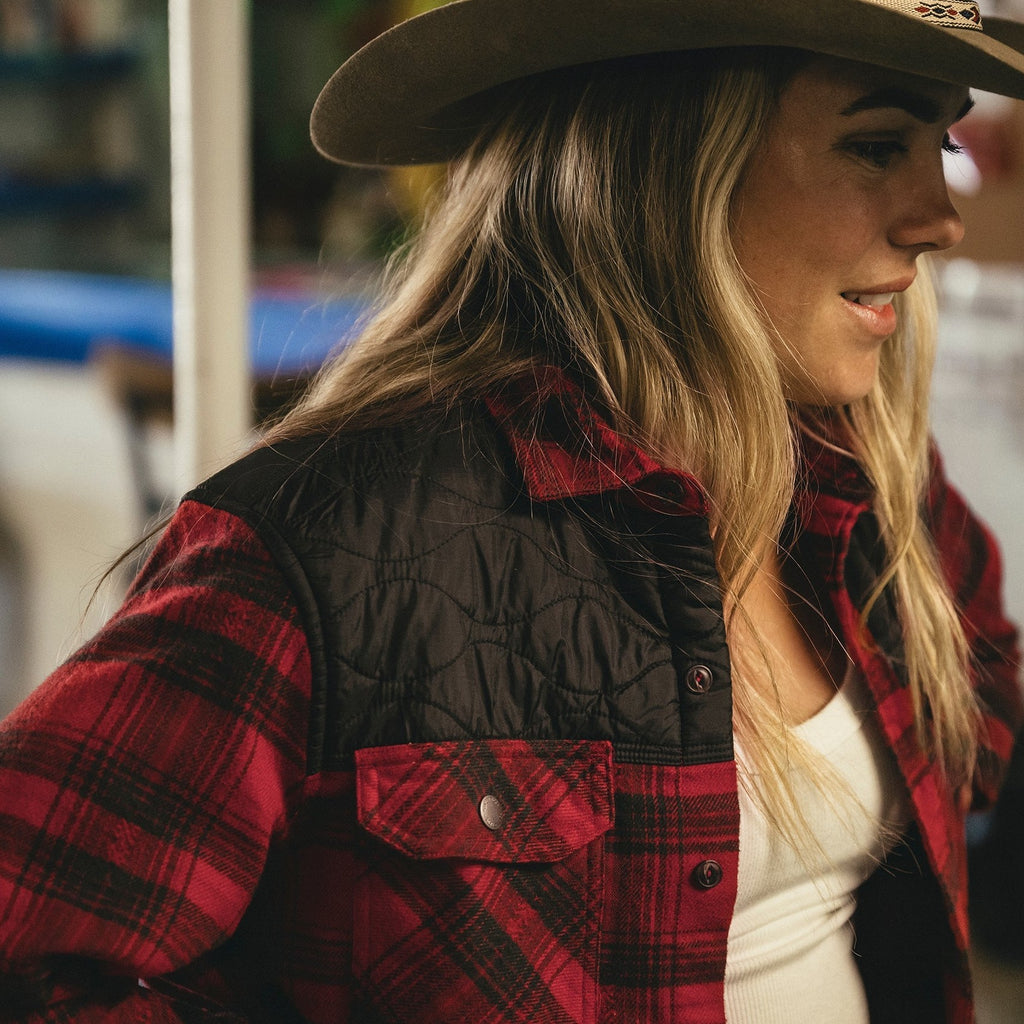 Roper's Clothing plaid flannel shirt jacket in Big Barrett Plaid: Brick Red, worn on model