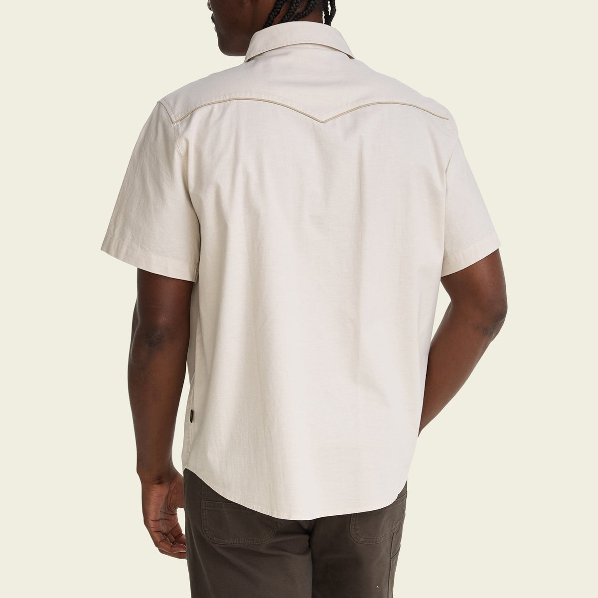 solid cotton western snap shirt in Sand, worn on model