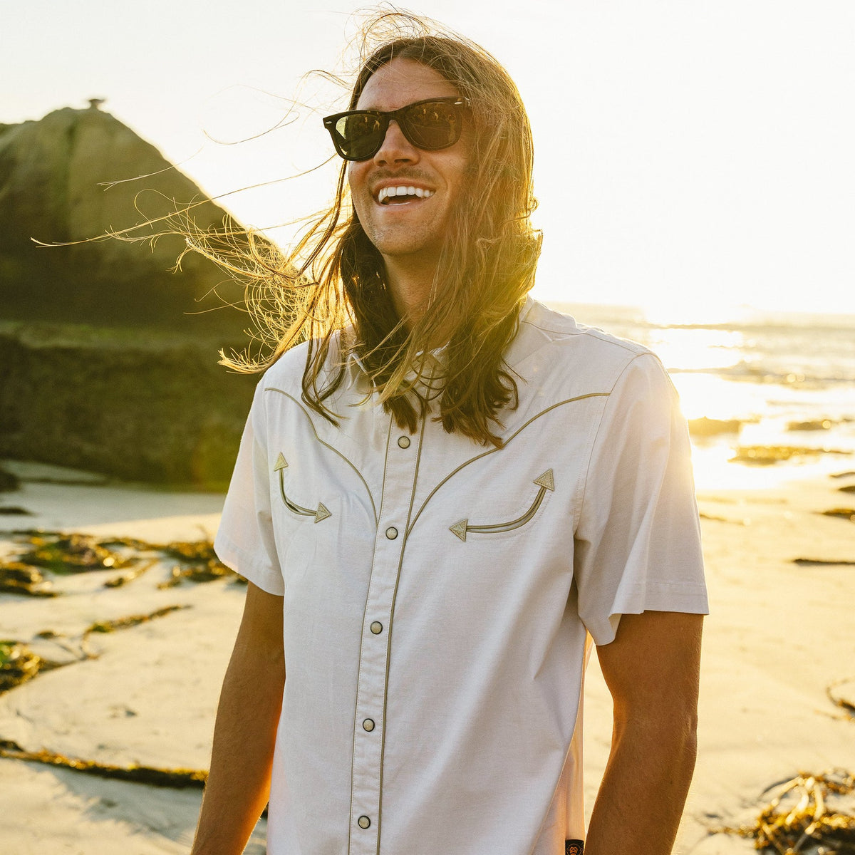 solid cotton western snap shirt in Sand, front view