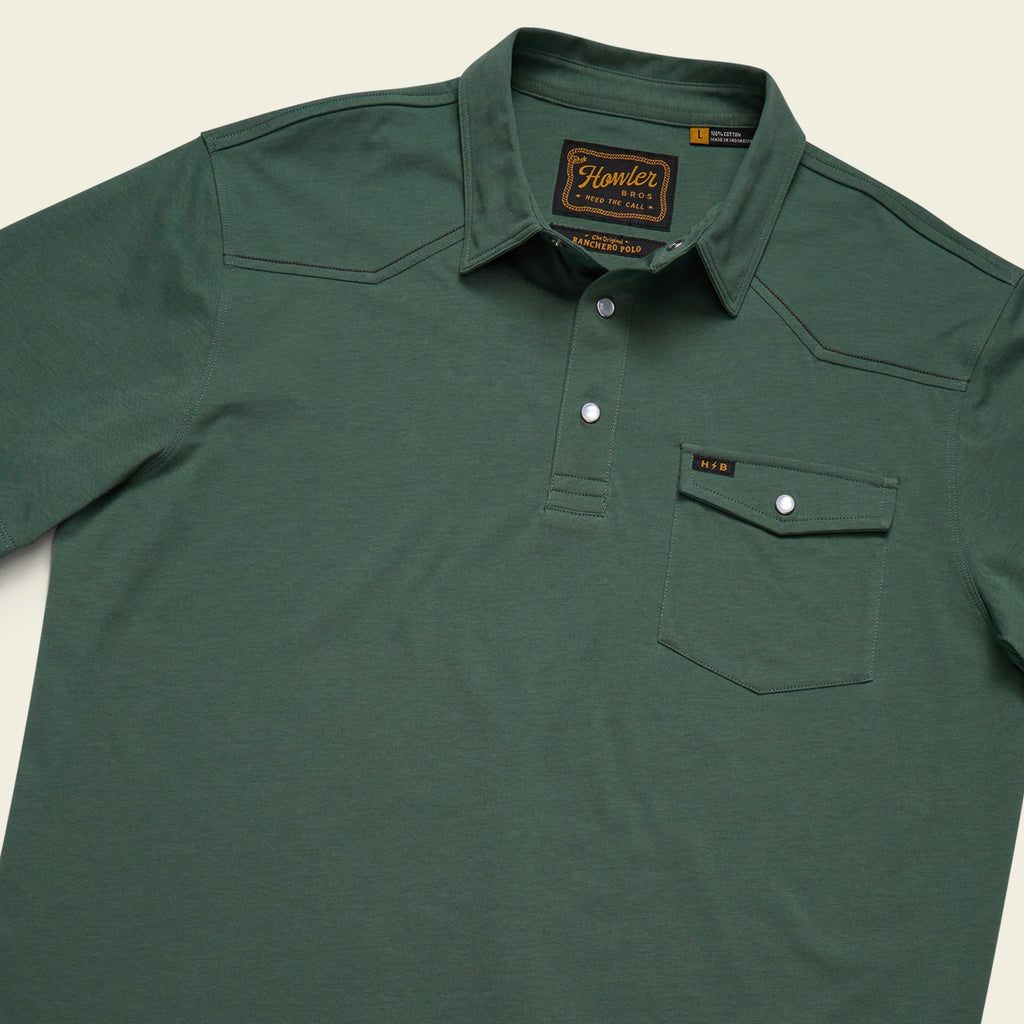 Roper's Clothing solid cotton western polo in Fern Green, placket and yoke detail
