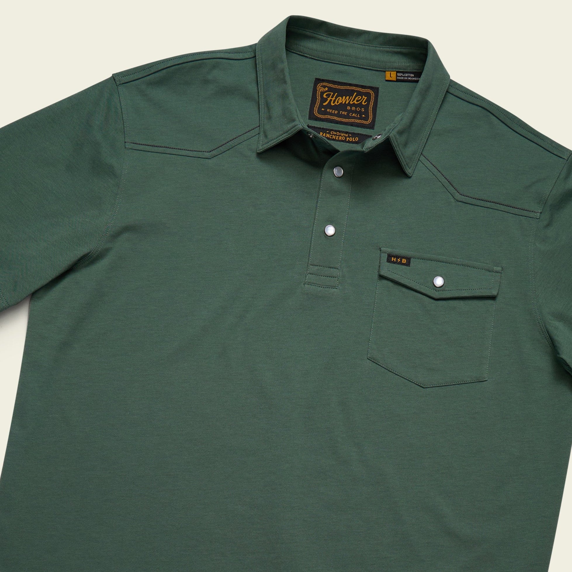 Roper's Clothing solid cotton western polo in Fern Green, placket and yoke detail